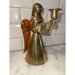 Vintage Holiday Brass Copper Angel Figurine Candle holder 10in